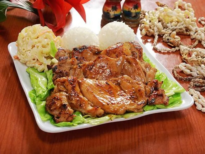 BBQ chicken plate with grilled chicken, rice, and mac salad at AHI Hawaiian BBQ, a Hawaiian Restaurant in Palmdale
