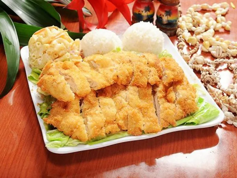 Crispy chicken katsu plate with rice and mac salad at AHI Hawaiian BBQ, a Hawaiian Restaurant in Palmdale