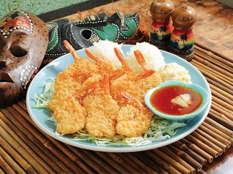 Crispy fried shrimp plate with rice, mac salad, and sweet sauce at AHI Hawaiian BBQ, a Hawaiian Restaurant in Palmdale