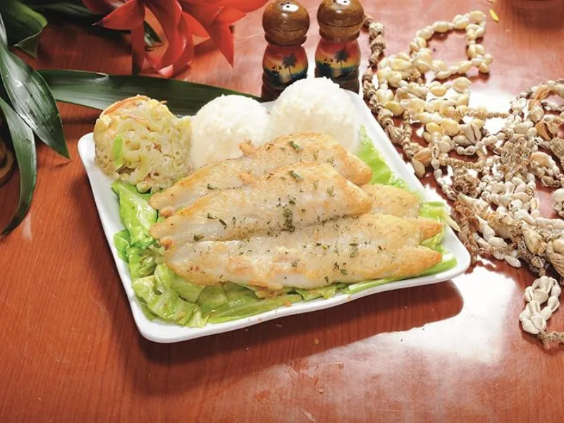 Herb-grilled fish plate with rice and mac salad at AHI Hawaiian BBQ, a Hawaiian Restaurant in Palmdale