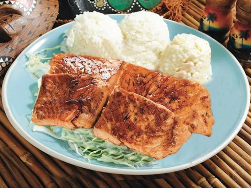 Glazed grilled salmon plate with rice and mac salad at AHI Hawaiian BBQ, a Hawaiian Restaurant in Palmdale